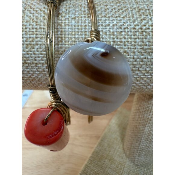 BaubleBar Set Of 2 Stone Bangle Bracelets With Wire Wrap Design - Coral & Brown - Picture 6 of 7